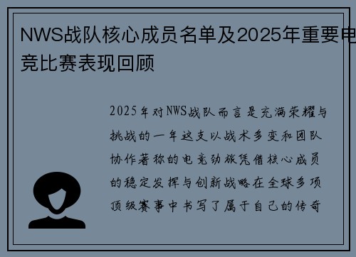 NWS战队核心成员名单及2025年重要电竞比赛表现回顾